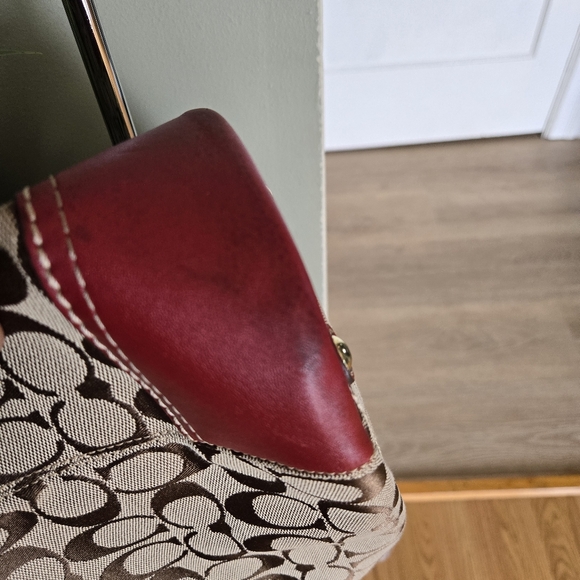 Coach Maroon Leather trim Monogram Shoulder Tote Bag - Picture 9 of 15